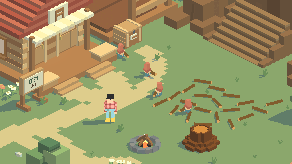 Gnomes carrying logs around the village